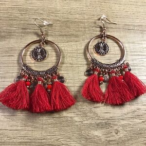 Bohemian Gypsy Red  Gold Tassel Coin Earrings